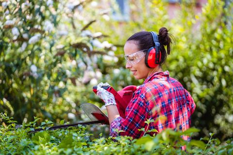 Media Markt Angebote: Eine Frau schneidet die Hecke mit einer Heckenschere