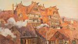 Kornträgergang von der Wexstraße aus gesehen: Dieses Gemälde von Alexander Oskar Noah, um 1910, zeigt Hamburgs Elendsquartier Gängeviertel. Bilder aus der Zeit der Cholera-Epidemie gibt es kaum, aber bis ins Dritte Reich hinein veränderte sich an den hygienischen Zuständen - trotz Sanierung – kaum etwas. Lesen Sie hier die ganze Geschichte der Epidemie. 