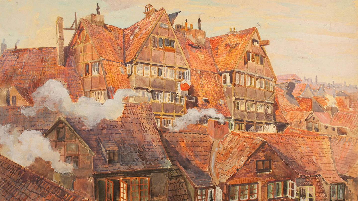 Seuchengeschichte: Kornträgergang von der Wexstraße aus gesehen: Dieses Gemälde von Alexander Oskar Noah, um 1910, zeigt Hamburgs Elendsquartier Gängeviertel. Bilder aus der Zeit der Cholera-Epidemie gibt es kaum, aber bis ins Dritte Reich hinein veränderte sich an den hygienischen Zuständen - trotz Sanierung – kaum etwas. Lesen Sie hier die ganze Geschichte der Epidemie. Kornträgergang von der Wexstraße aus gesehen: Dieses Gemälde von Alexander Oskar Noah, um 1910, zeigt Hamburgs Elendsquartier Gängeviertel. Bilder aus der Zeit der Cholera-Epidemie gibt es kaum, aber bis ins Dritte Reich hinein veränderte sich an den hygienischen Zuständen - trotz Sanierung – kaum etwas. Lesen Sie hier die ganze Geschichte der Epidemie.