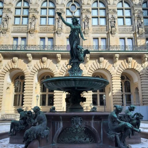 Im Innenhof des Hamburger Rathauses befindet sich der Hygieia-Brunnen. Erbaut wurde er 1895/96 in Erinnerung an die Cholera-Epidemie 1892. Die griechische Göttin Hygieia auf der Spitze symbolisiert Gesundheit.