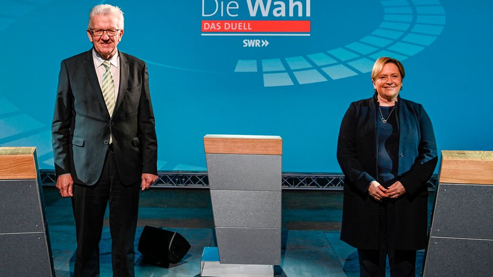 Die Spitzenkandidaten Winfried Kretschmann (Grüne) und Susanne Eisenmann (CDU) bei der Landtagswahl in Baden-Württemberg