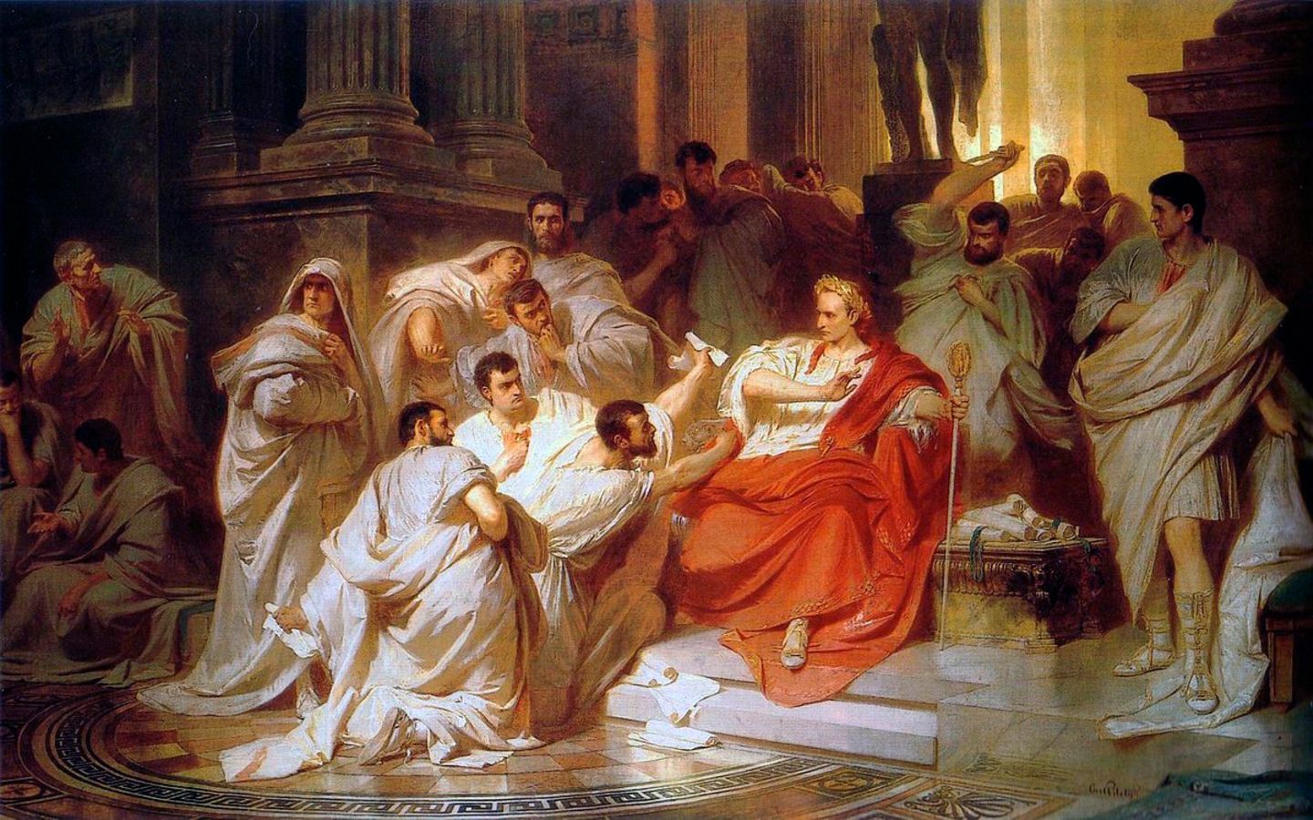 15. März: Julius Caesar wird ermordet   "Hüte dich vor den Iden des März." Mit diesen Worten soll ein Hellseher Julius Caesar vor dem aufziehenden Unheil gewarnt haben. Der römische Imperator selbst habe in der Nacht vor seinem Tod geträumt, er schwebe über den Wolken und reiche dem Gott Jupiter seine Rechte, berichtete der Historiker Sueton. Und Caesars Ehefrau Calpurnia habe im Traum gesehen, wie Caesar in ihrem Schoß niedergestochen wird.   Ungeachtet all dieser bösen Omen erschien Caesar am 15. März 44 v. Chrisus zu der Sitzung des Senats. An diesem Tag wollte der große Feldherr seinen nächsten Feldzug gegen Parthien planen – den großen Rivalen Roms. Doch dazu kam es nicht mehr. An die 60 Senatoren stürzten sich auf Caesar und erdolchten den mächtigsten Mann Roms.   Publius Servilius Casca soll als erster seinen Dolch gezogen haben. Das Gemälde von Karl von Piloty "Die Ermordung Caesars" aus dem Jahr 1865 zeigt den tragischen Augenblick, wie ihn sich der Maler vorgestellt hat.   Die Ermordung Caesars zählt zu den großen Wendemarken der Geschichte. Die Zeit der Republik war endgültig zu Ende. Nach dem blutigen Bürgerkrieg, der nach Caesars Tod ausbrach, gab es nur noch eine Lösung: Ein Kaiser musste Rom regieren.
