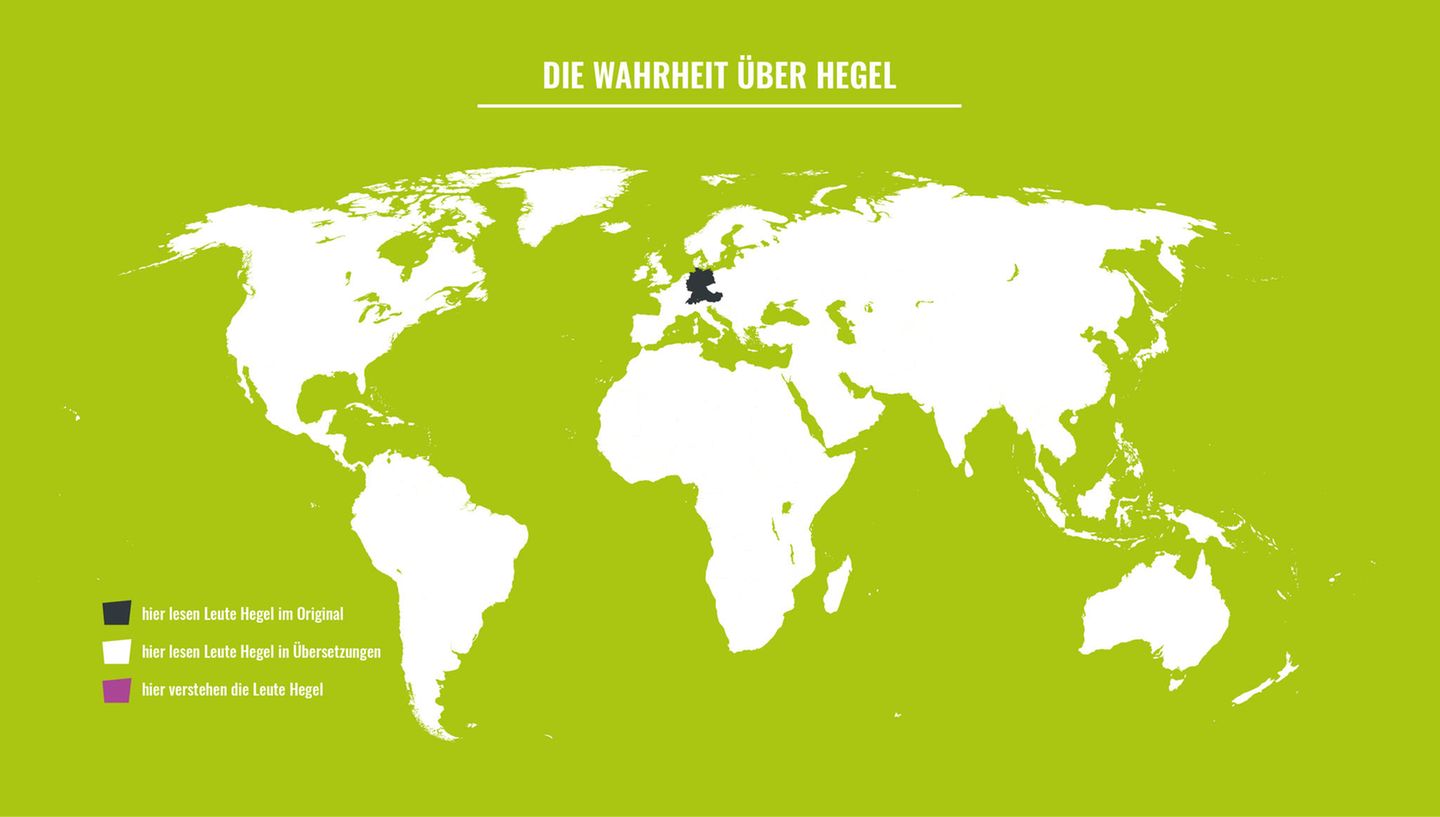 Der schwäbische Philosoph Georg Wilhelm Friedrich Hegel genießt zweifellos Weltruhm. Dabei sind seine Werke auch in seiner Heimat kaum verständlich, wie diese Grafik anschaulich zeigt: Deutschland ist das einzige Land, in dem Hegel in Originalsprache gelesen wird. Verstanden wird er, so suggeriert die Karte, nirgends. Ob das an seinem Weinkonsum liegt? Dieses Getränk, so erfahren wir in dem Buch, zählt der Denker zu den "wahren Stärkungsmitteln, die schon vor dem Abend genossen werden können." Seine Weinrechnungen sollen oft höher gewesen sein als die in der Buchhandlung.