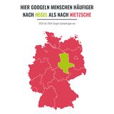 So hatte Hegel wohl einen deutlich lustvolleren Lebenswandel als Friedrich Nietzsche. Der wird aber heute in Deutschland deutlich öfter gegoogelt (und wohl auch gelesen) als der schwäbische Systemdenker. Wieso das ausgerechnet in Sachsen-Anhalt, dem Geburtsland Nietzsches, andersherum ist - dafür liefert das Buch keine Erklärung. Es zeigt nur, dass sich mit einer von Hegel angestrebten Systematisierung des Denkens eben nicht alles erklären lässt.