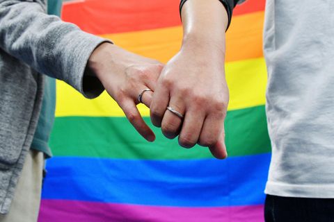 Ein gleichgeschlechtliches Paar hält sich vor einer Regenbogenflagge an den Händen