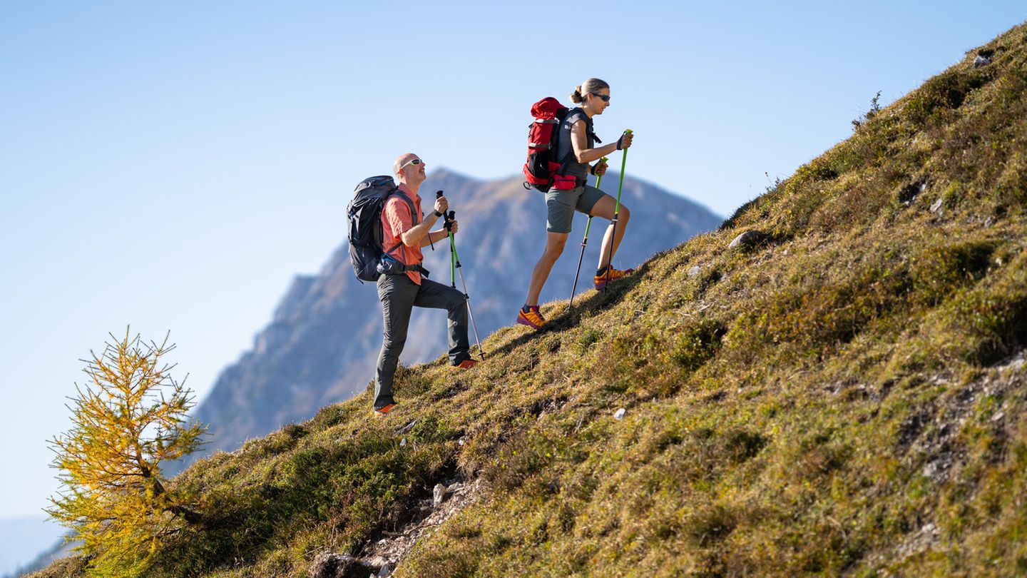 Wanderoutfit: Mann und Frau klettern mit Stöcken einen Grashang hinauf