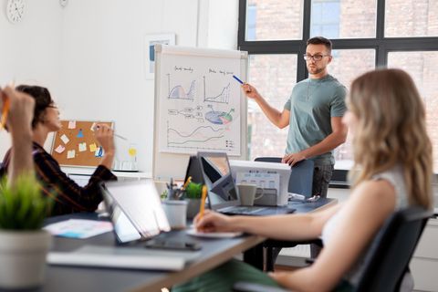 Ein junger Mann steht an einem Flipchart und erklärt zwei sitzenden Frauen eine Grafik