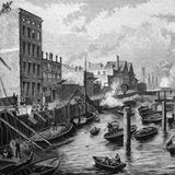 Ein historisches Bild aus dem Jahre 1886: Als sich Hamburg 1881 dem deutschen Zollgebiet anschloss, entstand der Freihafen: der große Lagerhauskomplex, die Speicherstadt. Dafür mussten allerdings die Wohnhäuser, die auf dem Gelände standen, abgerissen werden. 24.000 Menschen mussten umziehen, darunter viele Arbeiter. 