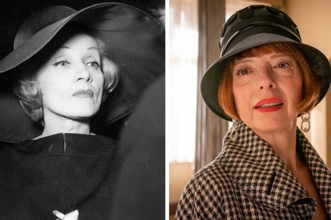 Links: Marlene Dietrich während einer Pressekonferenz im Mai 1960 in Berlin. Rechts: Helen Schneider als emigrierte Sängerin Hannelore Lay.