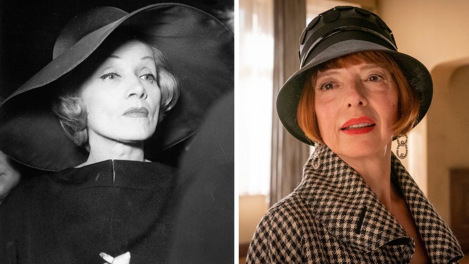 Links: Marlene Dietrich während einer Pressekonferenz im Mai 1960 in Berlin. Rechts: Helen Schneider als emigrierte Sängerin Hannelore Lay.