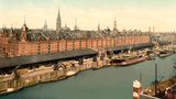 Der Sandtorhafen und die Speicherstadt um 1900, ein riesiger neuer Lagerhauskomplex, der 1888 eröffnet wurde.