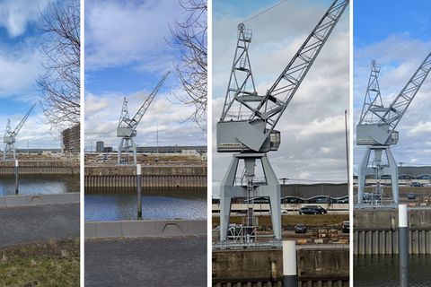 Die drei Modi des Oneplus 9 Pro: Ultraweitwinkel, Hauptkamera und 3,3x-Zoom (von links). Rechts im Vergleich die Hauptkamera des iPhone 12. Sie stellt das Blau des Himmels deutlich intensiver dar