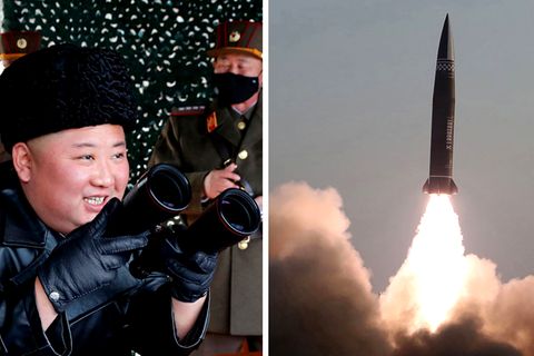 Nordkoreas Machthaber Kim Jong Un (Archivbild) und die neue Rakete
