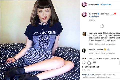 Sängerin Madonna veröffentlichte ein Bild auf Instagram, bei dem ihr Gesicht auf einen anderen Körper bearbeitet wurde