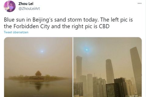 China: Sandsturm färbt Himmel über Peking gelb und die Sonne blau