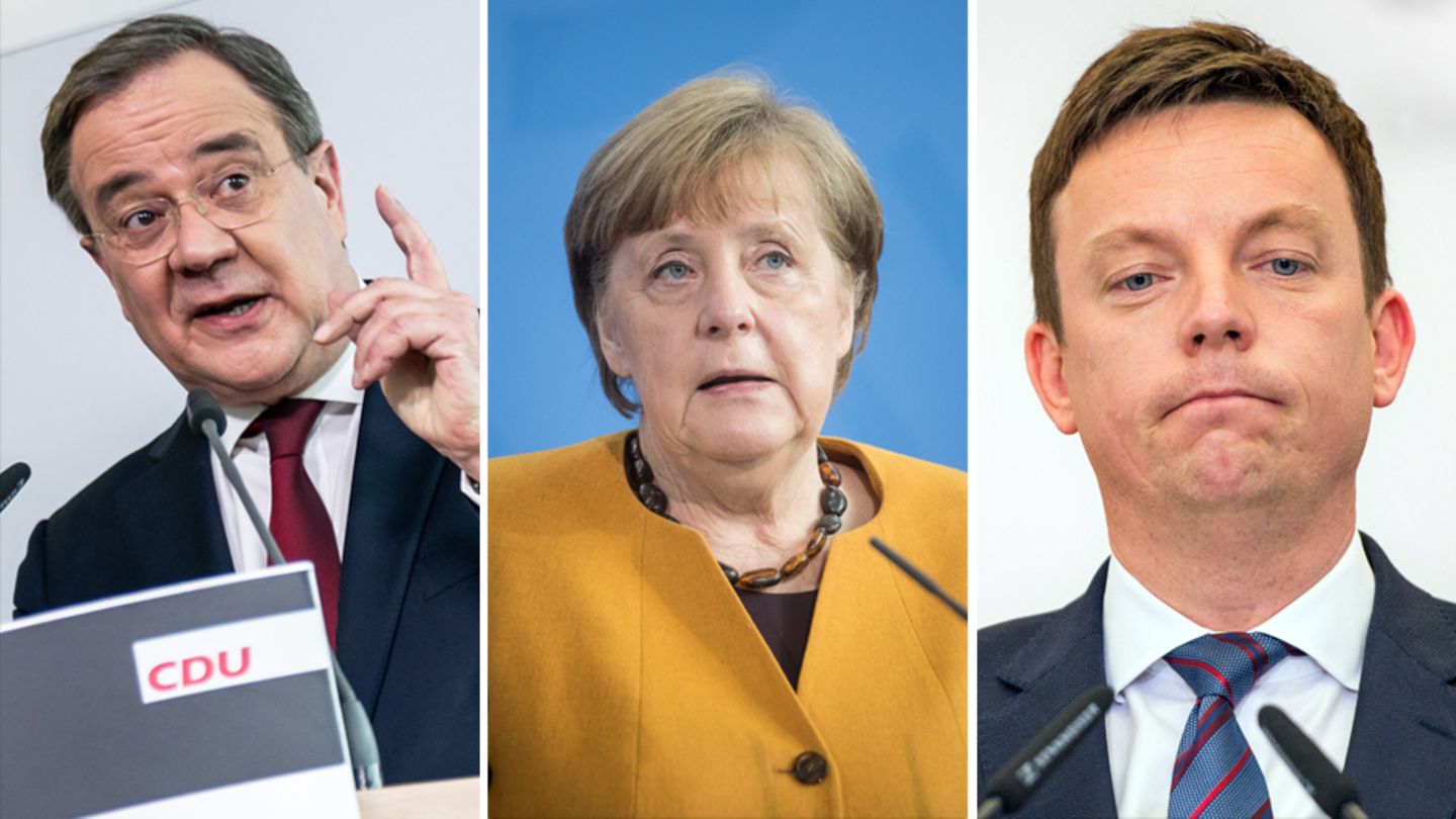 NRW-Ministerpräsident Armin Laschet (CDU, l.),  Bundeskanzlerin Angela Merkel (CDU, M.), Ministerpräsident Tobias Hans (CDU, r.)