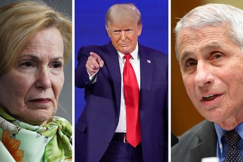 Die US-Gesundheitsexperten Deborah Birx (l.) und Anthony Fauci (r.) und der frühere US-Präsident Donald Trump