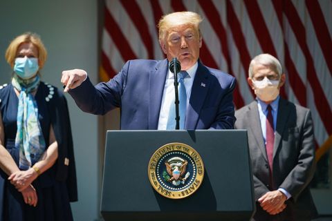 Donald Trump spricht, im Hintergrund Fauci und Birx