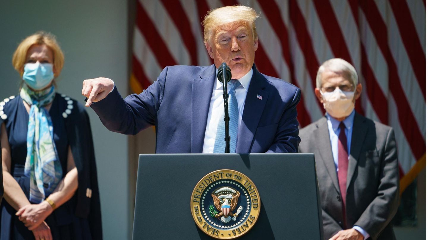 Donald Trump spricht, im Hintergrund Fauci und Birx
