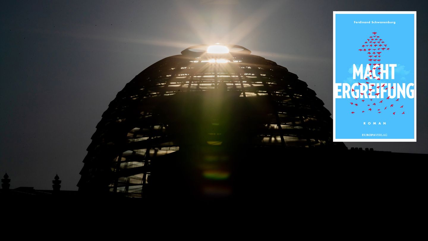 Die Sonne geht hinter der Kuppel des Reichstagsgebäudes auf. Rechts oben: Der Einband des Buches "Machtergreifung"
