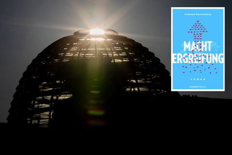 Die Sonne geht hinter der Kuppel des Reichstagsgebäudes auf. Rechts oben: Der Einband des Buches "Machtergreifung"