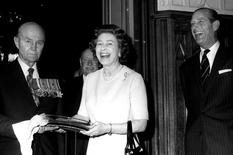 50th Birthday Gift - Sir John Smyth and Queen Elizabeth II - Windsor Castle. Sir John Smyth (l), President of the Victoria Cross and George Cross Associations, presents a 50th birthday gift to Queen Elizabeth II. URN:29460661