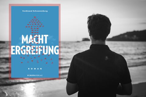 Buchcover von "Machtergreifung" und Ferdinand Schwanenburg mit dem Rücken zur Kamera
