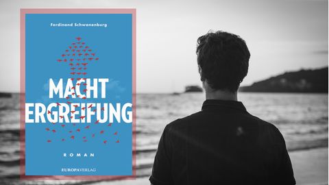 Buchcover von "Machtergreifung" und Ferdinand Schwanenburg mit dem Rücken zur Kamera