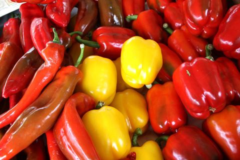 Unterschiedliche rote und gelbe Paprika-Früchte liegen in einem Regal