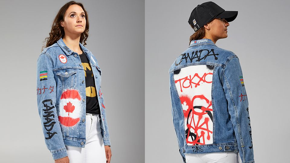 Schwimmerin Kylie Masse in der Jeansjacke, die das kanadische Olympia-Team zur Abschlusszeremonie tragen wird