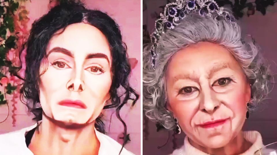 Zwei Gesichter. Die linke Person sieht Michael Jackson, die rechte Person der Queen zum Verwechseln ähnlich.