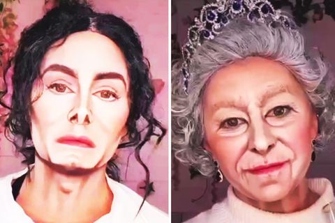 Zwei Gesichter. Die linke Person sieht Michael Jackson, die rechte Person der Queen zum Verwechseln ähnlich.