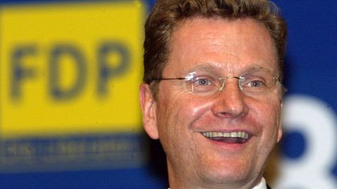 Guido Westerwelle im FDP-Logo im Hintergrund