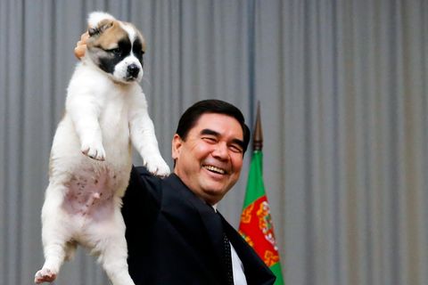 Turkmenistans Präsident Kurbanguly Berdymukhanmedov hält einen jungen Schäferhund am Nacken in die Höhe