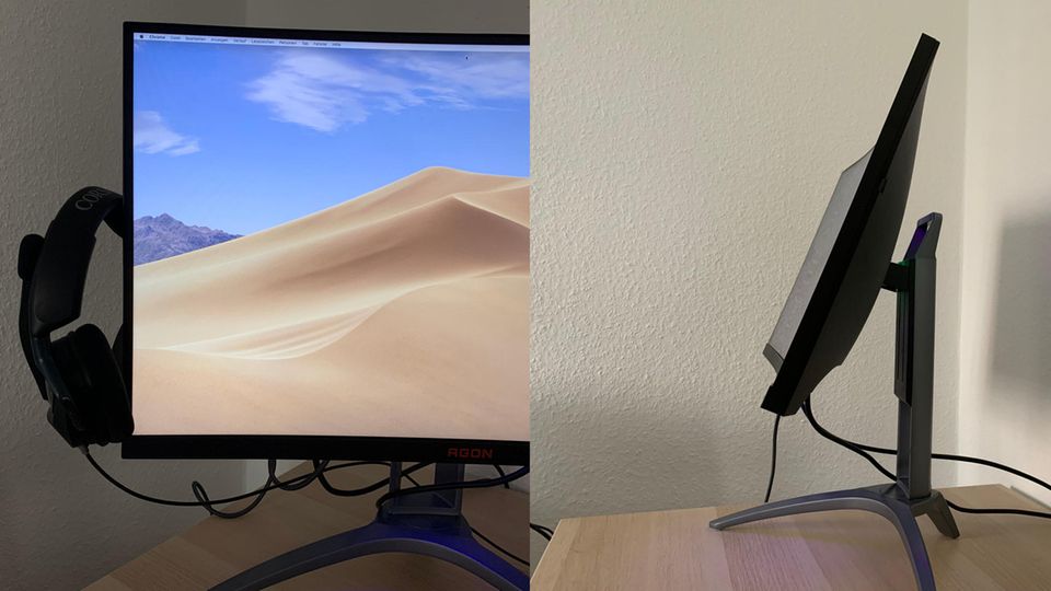 Ein Headset hängt an der Seite des AOC Agon AG273QCX befindet.