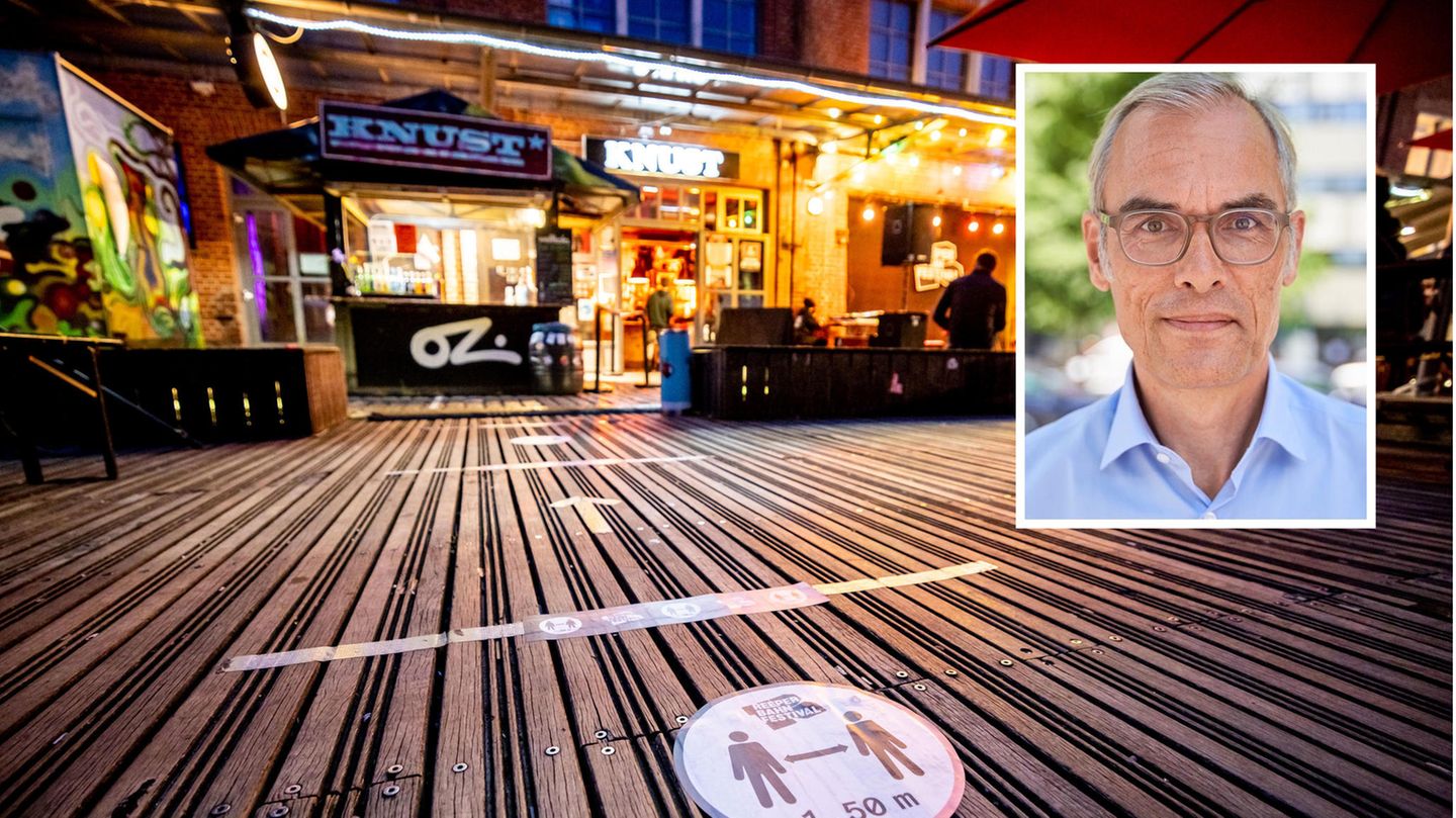 Markierungen auf dem Boden zum Einhalt des Mindestabstands vor dem Hamburger "Knust"