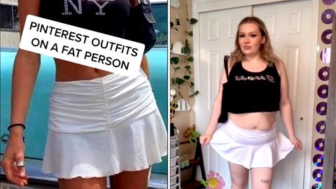 Frau zeigt, wie trendige Outfits an Plus-Size-Frauen aussehen
