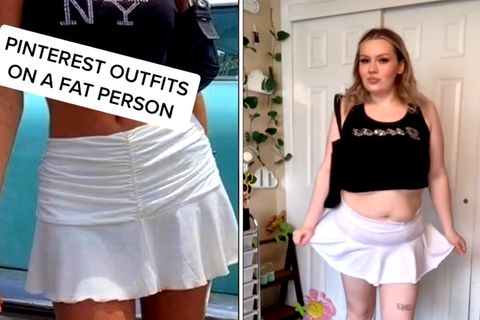 Frau zeigt, wie trendige Outfits an Plus-Size-Frauen aussehen