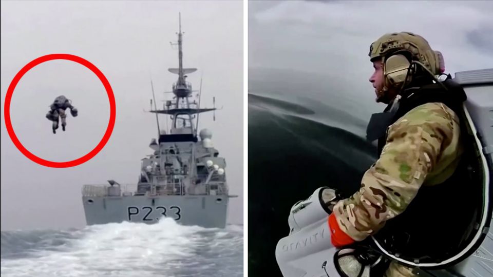 Links fliegt ein einzelner Mensch über das Meer auf das Heck eines Kriegsschiffes zu, rechts trägt ein Soldat einen grauen Tank