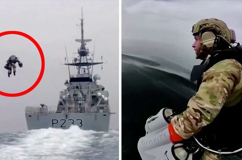 Links fliegt ein einzelner Mensch über das Meer auf das Heck eines Kriegsschiffes zu, rechts trägt ein Soldat einen grauen Tank