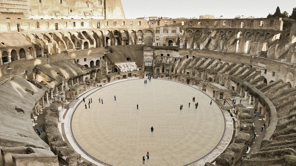 Antike: In der Computeranimation bedeckt der Boden bereits die Arena. In der Computeranimation bedeckt der Boden bereits die Arena.