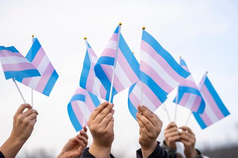 Blau, rosa und weiß sind die Farben der Trans-Pride-Flaggen, die hier in die Höhe gehalten werden