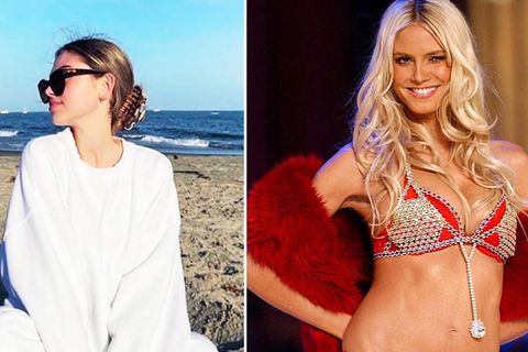 Zwei getrennte Bilder. Links: Leni Klum am Strand. Rechts: Heidi Klum auf dem Laufsteg.
