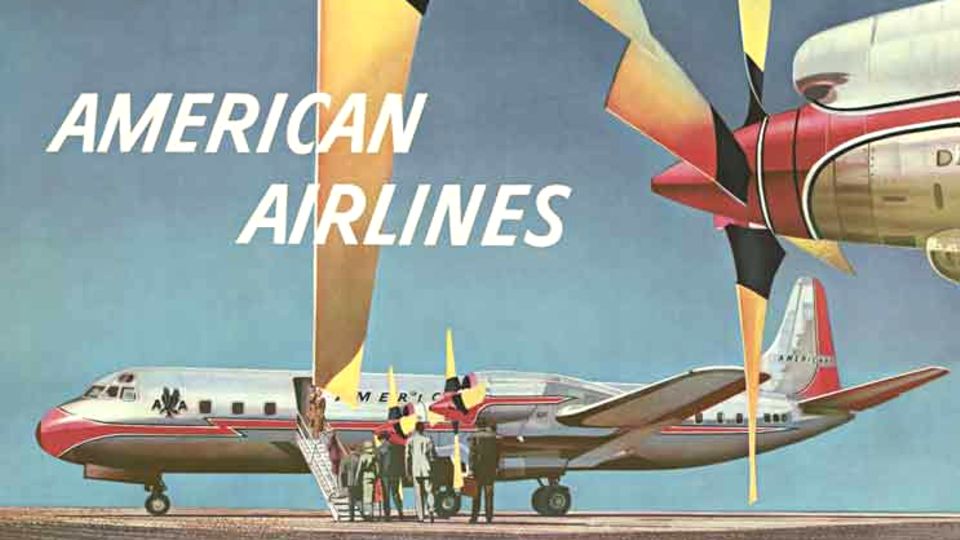 American Airlines warb 1959 mit einem Plakat von Walter Bomar für Flüge mit einem ganz bestimmten Flugzeugtyp: Die viermotorige Lockheed Electra besaß im Gegensatz zu den herkömmlichen Propellermaschinen keinen Kolbenantrieb, sondern bereits moderne Gasturbinen.
