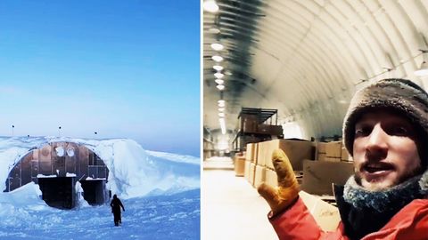 Ein Mann filmt sich selbst in einer Forschungsstation am Südpol