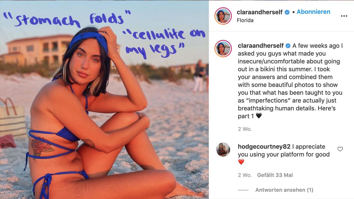 Clara Guillem posiert mit nicht eingezogenem Bauch im Bikini am Strand