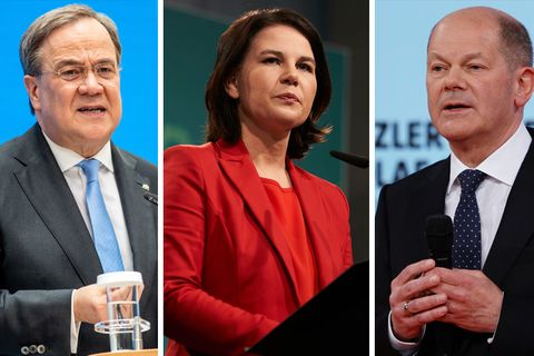 Die Kanzlerkandidaten, von links: Armin Laschet (CDU, für die Union), Annalena Baerbock (Grüne) und Olaf Scholz (SPD)