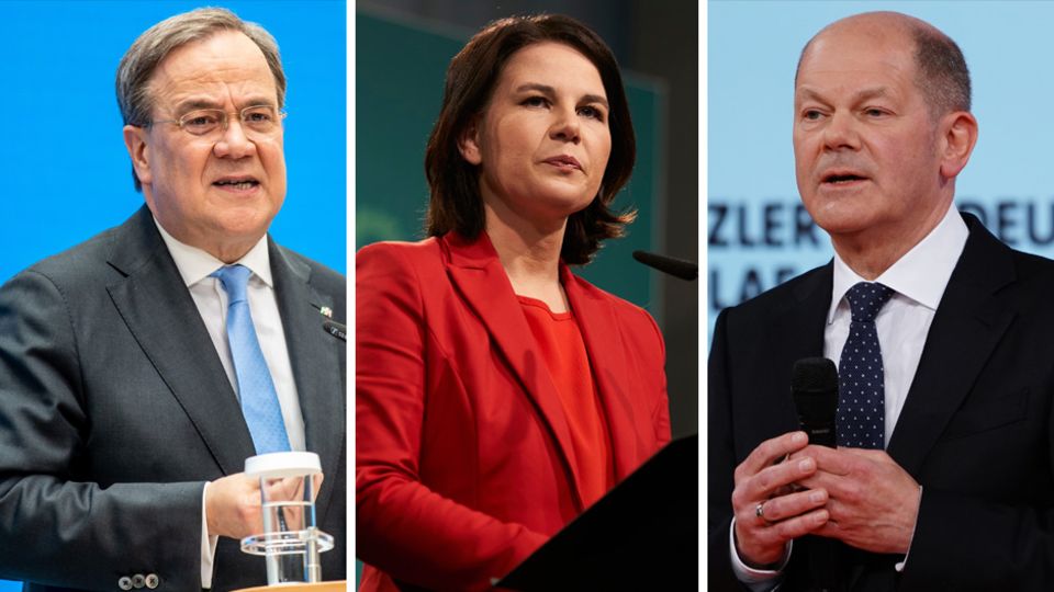 Die Kanzlerkandidaten, von links: Armin Laschet (CDU, für die Union), Annalena Baerbock (Grüne) und Olaf Scholz (SPD)