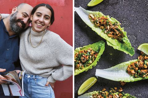 Lea Elci mit ihrem Vater Koral Elci, der ihr als Koch bei der Entwicklung der Rezepte geholfen hat. Rechts: Laab Gai ohne Fleisch, ein vegetarisches Gericht, aus ihrem Kochbuch "Umessen".