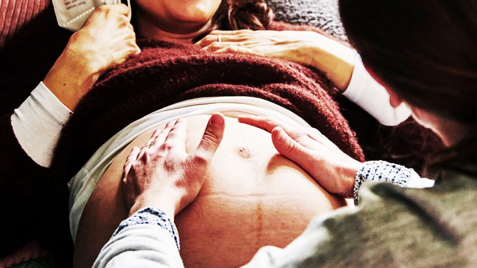 Doctor palpates belly of a pregnant woman